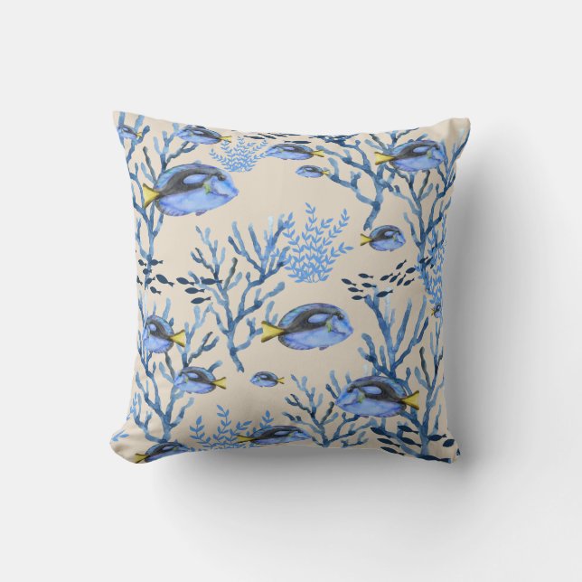 Almofada Beige Blue Coral Reef Beachy Sealife (Frente)