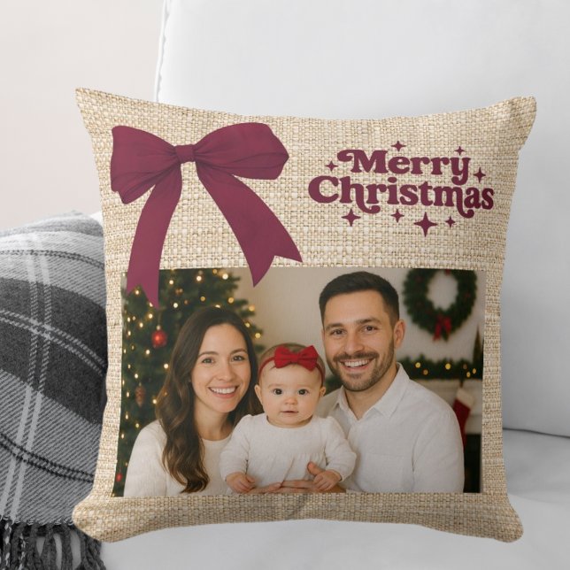 Almofada Beige burlap foto burgundy arco Natal (Criador carregado)