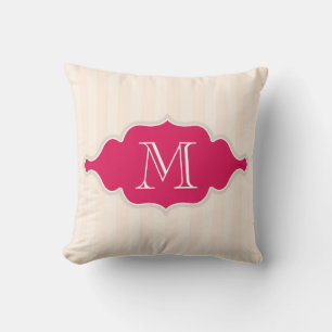 Almofada Beige Creme Listras Rosa E Monograma Branco