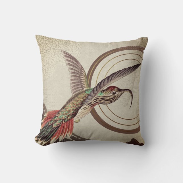 Almofada Beige Earthy Hummingbird | Ernst Haeckel Inspirado (Frente)