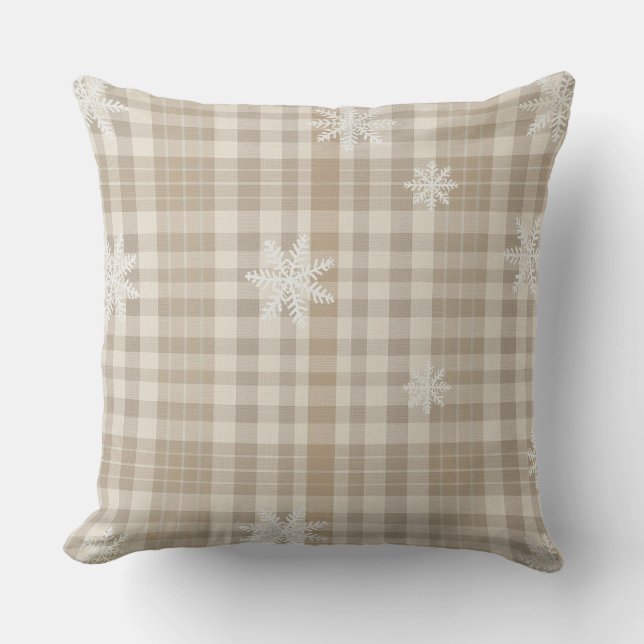 Almofada Beige Gingham Snowflake Throw Pillow –Cozy Neutral (Frente)