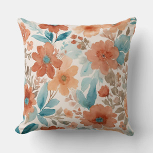 Almofada Beige, teal e ferrugem, pasta de aquarelas floral