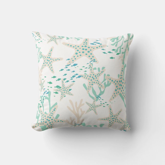 Almofada Beige Teal Fish Seashells Starfish Coral Reef (Frente)