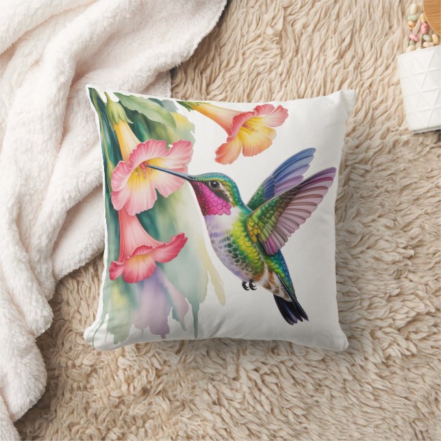 Almofada Beija-flor em Aquarela com Flores (Cobertor)