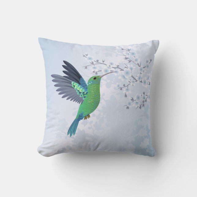 Almofada Beija-flor Verde Com Flor de Cerejeira Azul (Frente)