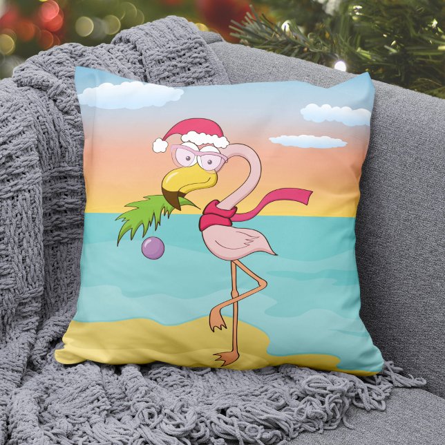 Almofada Bela caricatura de Natal flamingo na praia (Criador carregado)