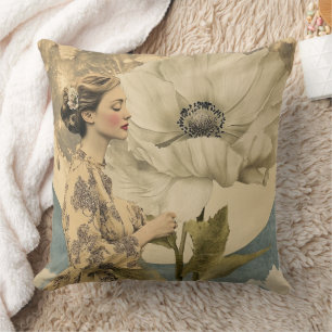 Almofada Bela Lua - Mulher com Flor Branca e Lua