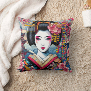 Almofada Bela oriental Geisha Maiko sakura flores ondas