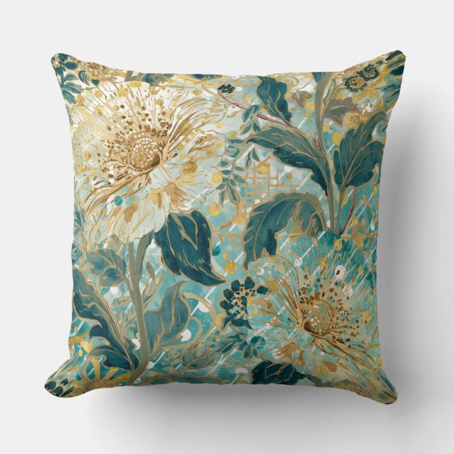 Almofada Belas Flores em Flor com Padrão Verde Dourado (Frente)