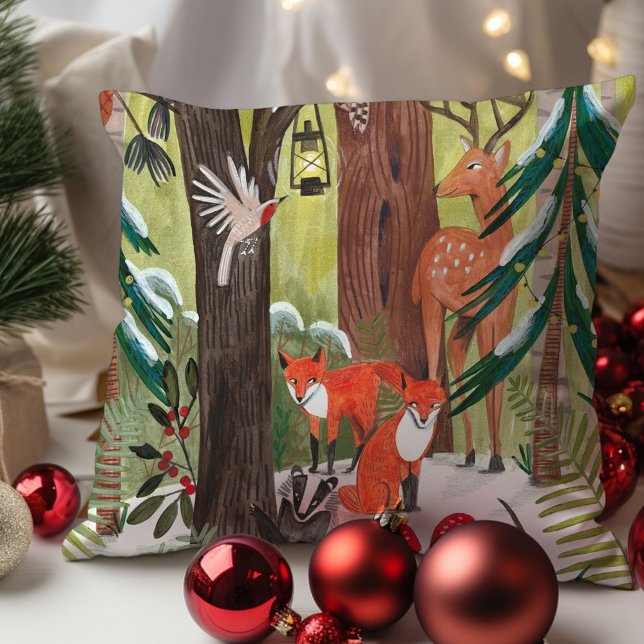 Almofada Belas florestas — Natal verde (Cute Woodland animals Green Christmas Throw Pillow)