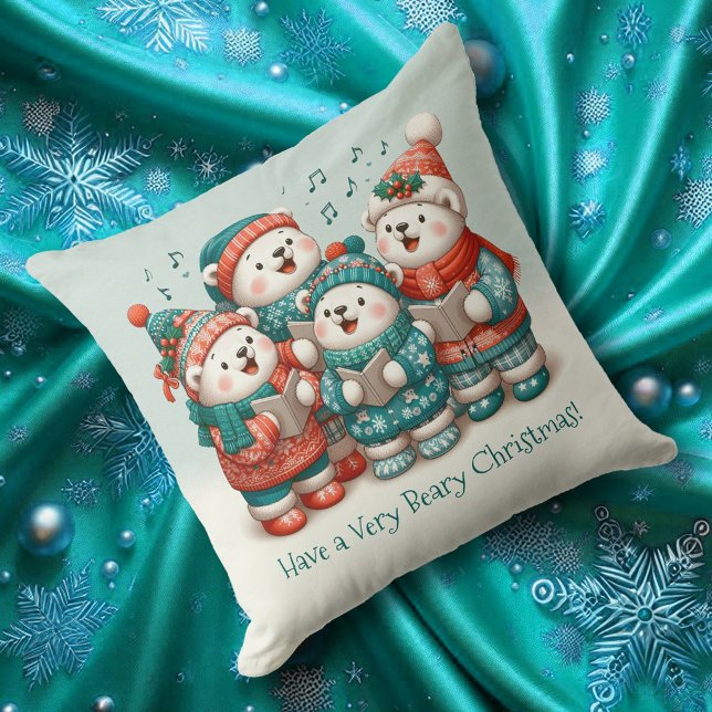 Almofada Belas Ursos Polares Bonitas Têm um Natal Muito Bea (Cute Polar Bears Sing Have a Very Beary Christmas Throw Pillow Cover Photo)