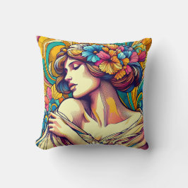 Almofada Beleza Enigmática: Mulher, Canvas Vibrante da Natu