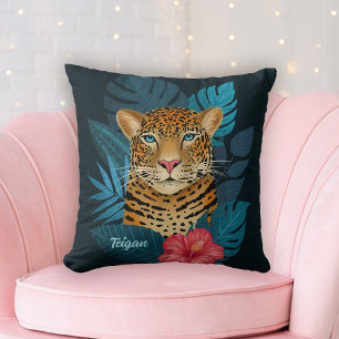Almofada Belo Arte Floral de Leopardo da Selva Preto No