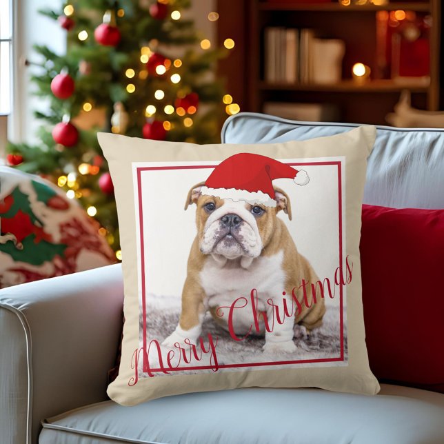 Almofada Belo Bulldog Inglês Feliz Foto de Natal (Criador carregado)