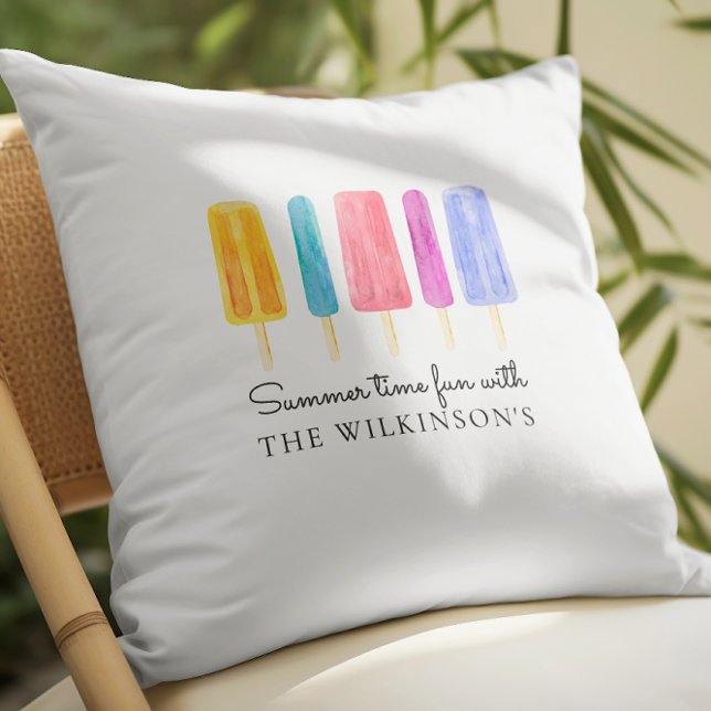 Almofada Belo e colorido verão moderno personalizado (personalized summer time fun throw pillow with vibrant watercolor painted ice pops )