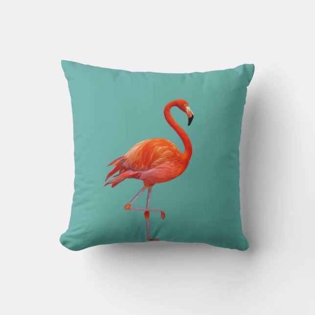 Almofada Belo Flamingo Rosa Coral em Azul Turquesa (Frente)