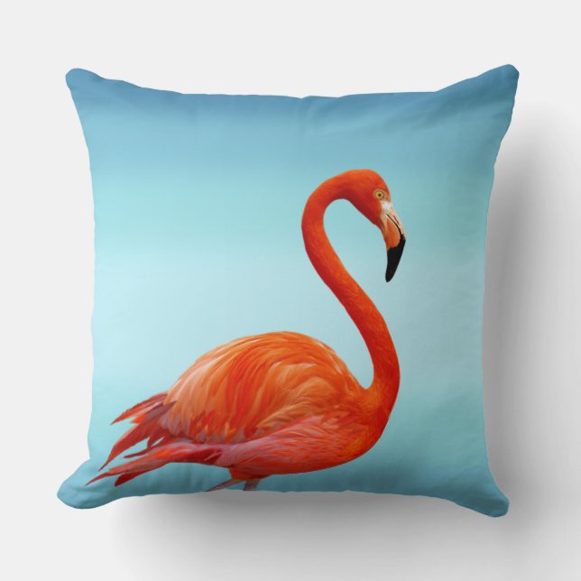 Almofada Belo Flamingo Rosa no Azul Céu Claro (Frente)