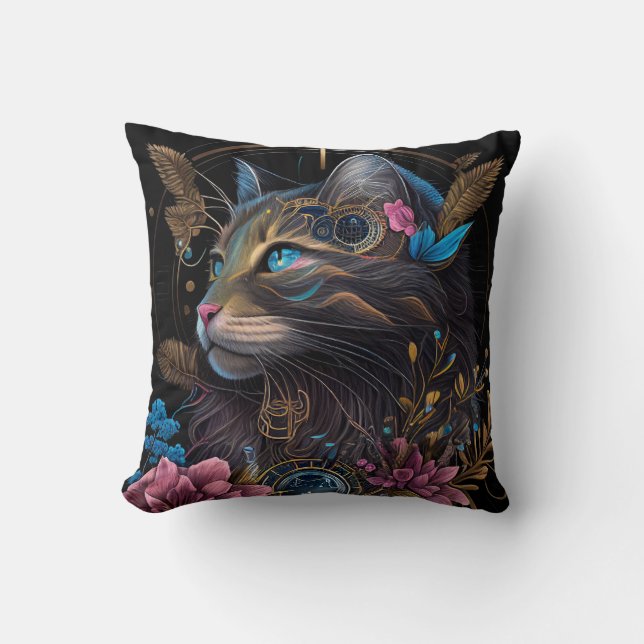 Almofada Belo galpão Maine Coon com flores Arte AI (Frente)