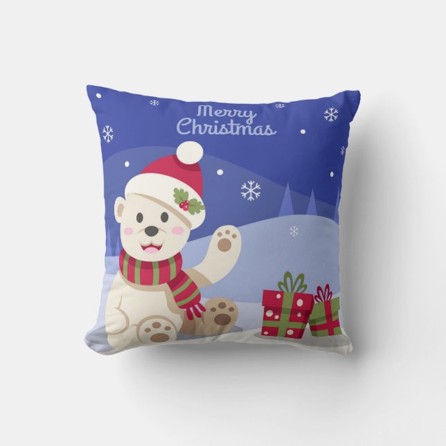 Almofada Belo Urso Polar de Natal com Azul Santa Hat (Frente)