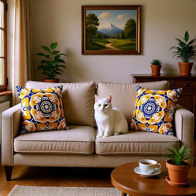 Almofada 💛 💙 🤍 Belos Azulejos azuis e amarelos (💛💙🤍 Beautiful blue and yellow Azulejos Throw Pillow)