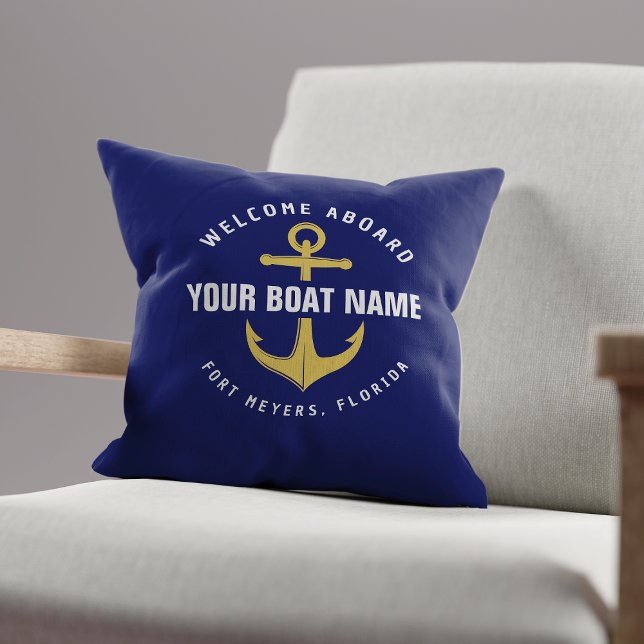 Almofada Bem-vindo a Bordo Barco Azul Marinho Dourado Âncor (Criador carregado)