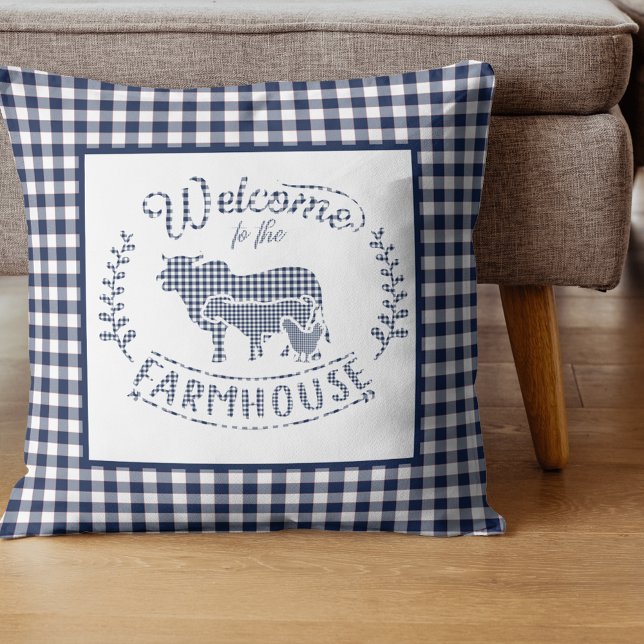 Almofada Bem-Vindo À Farmhouse Blue Gingham (Criador carregado)