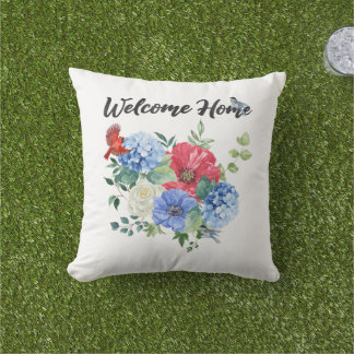 Almofada Bem-vindo em Casa com Flores Vermelhas/Brancas/Azu