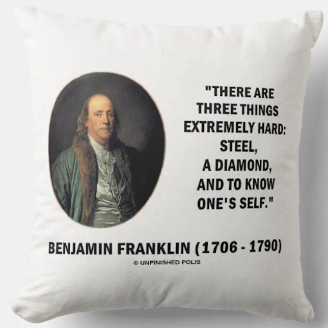 Almofada Benjamin Franklin Três Coisas Extremamente Duro (Wry psychology is alive on this Franklin throw pillow featuring the 3 things extremely hard)