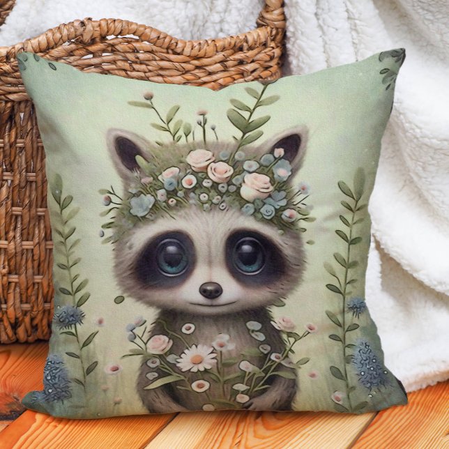 Almofada Berçário Florestal de Bebê Fofo Guaxinim (Cute baby raccoon woodland nursery pillow)