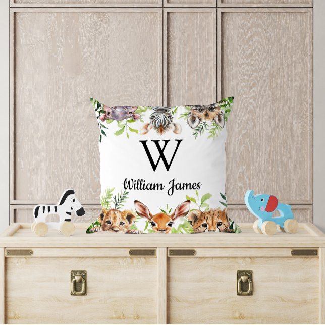 Almofada Berçário Infantil de Animais da Savana em Aquarela (Cute Watercolor Safari Animal Baby Nursery Throw Pillow)