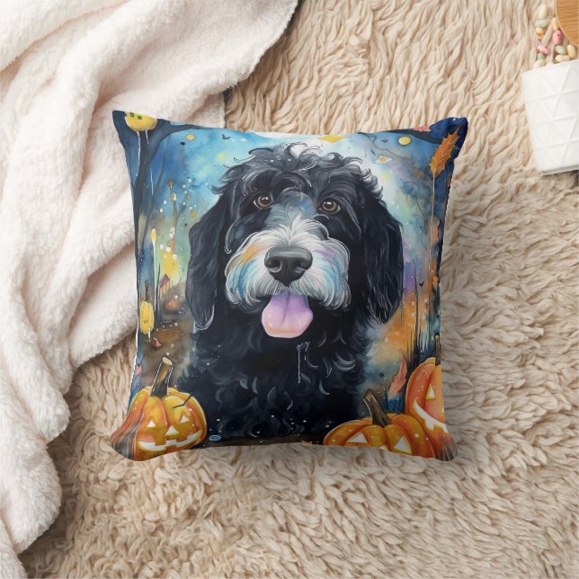 Almofada Bernedoodle de Halloween com Abóboras Assustadoras (Cobertor)