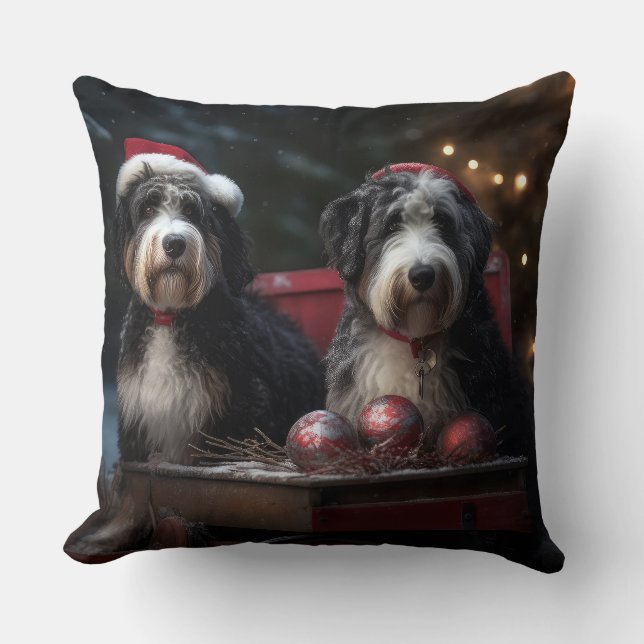 Almofada Bernedoodle Snowy Sleigh Decência de Natal (Frente)