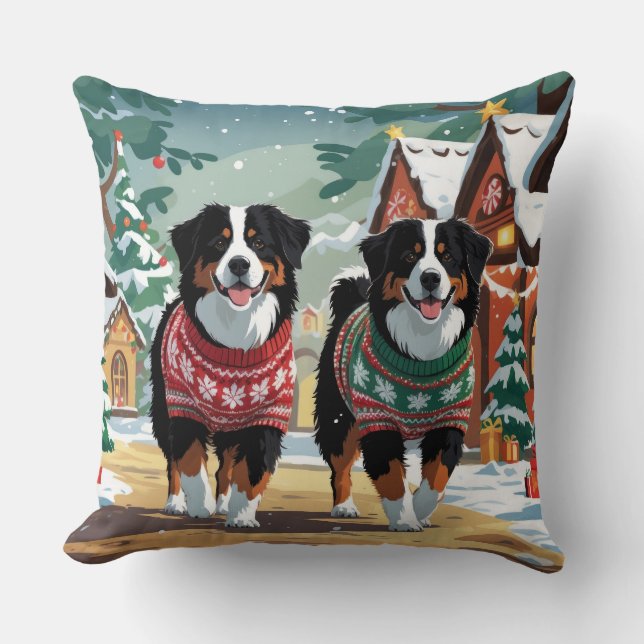 Almofada Bernese Mountain Dogs Christmas Snow Holiday (Frente)