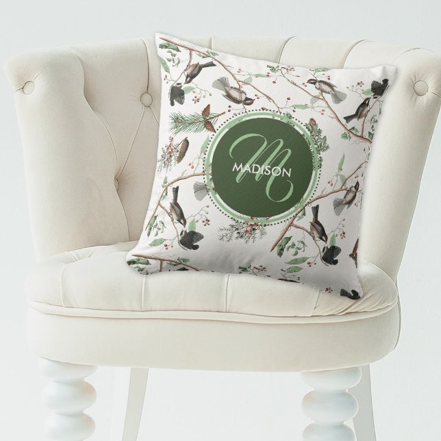 Almofada Berries e Pinecones Monogramados (Chickadee Birds Berries & Pinecones Monogrammed Throw Pillow)