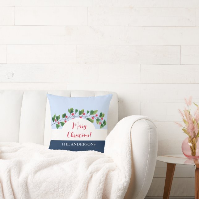 Almofada Berry Branch De Cor Vermelha E Verde Azul (Sofá)