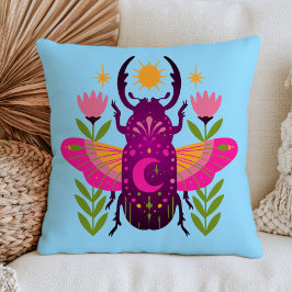Almofada Besouro Celestial Roxo & Rosa Floral Azul Inseto