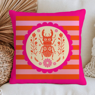 Almofada Besouro Floral Inseto Padrão de Faixa Rosa e Laran