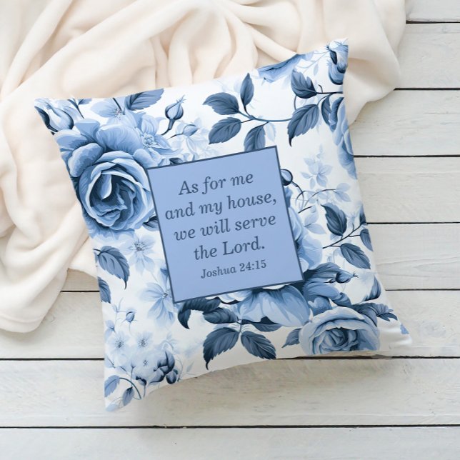 Almofada Bíblia Cristã Floral Branco Dusty Verso ("As for me and my house, we will serve the Lord." blue floral decorator pillow.)