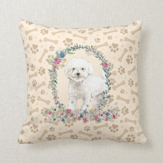 Almofada Bichon Frise Dog Paw Print & Floral Cute
