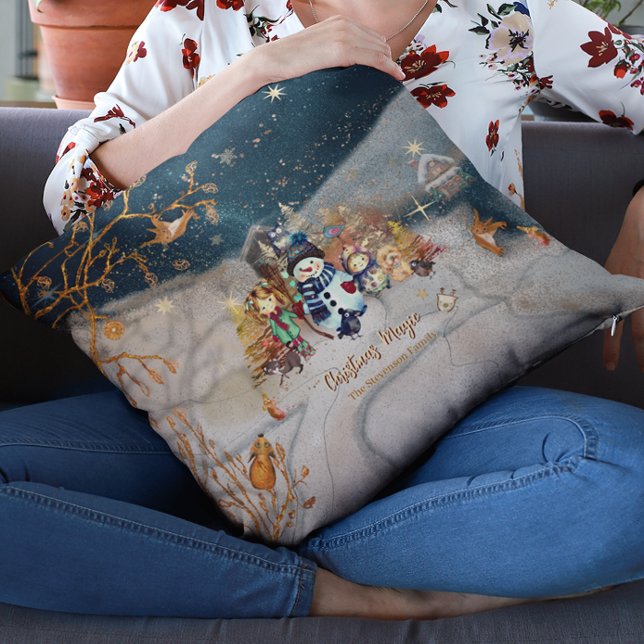 Almofada Bichos, Crianças, Azul de Natal (Cute Animals, Kids Christmas blue Throw Pillow)