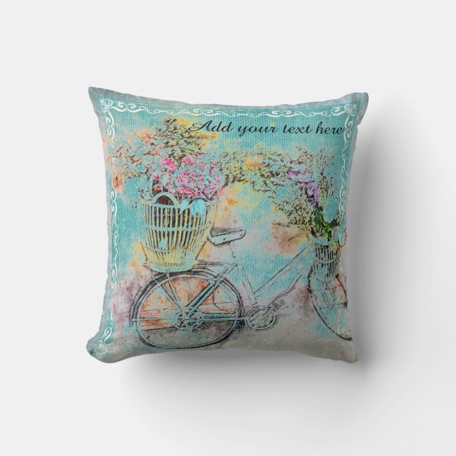 Almofada Bicicleta com cestos de flores em burlap azul (Frente)