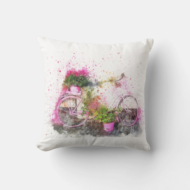 Almofada Bicicleta pintada a aquarelas a rosa (Frente)