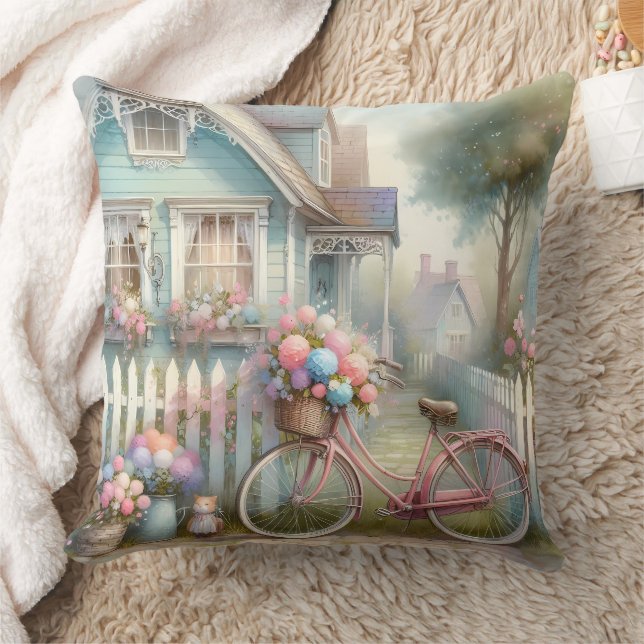 Almofada Bicicleta Rosa na Porta Azul de Algodão (Cobertor)