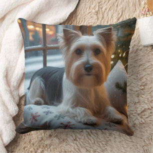 Almofada Biewer Terrier Com Luzes de Natal Feriado