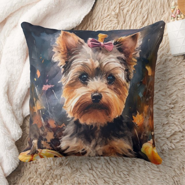 Almofada Biewer Terrier de Halloween com Abóboras Assustado (Cobertor)