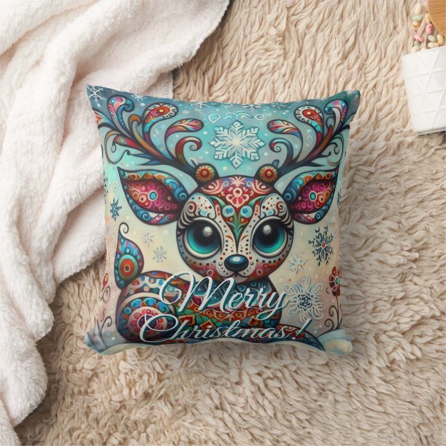 Almofada Big Eye Christmas Reindeer Folk Art Personalized (Cobertor)