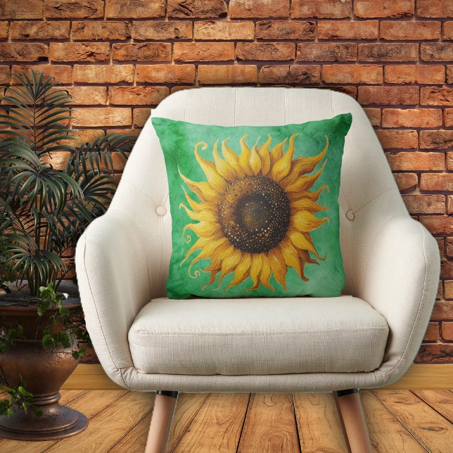 Almofada Big Yellow Sunflower Ornate Petals Shades of Green (Big yellow brown sunflower ornate petals on shades of green decorative indoor pillow.)