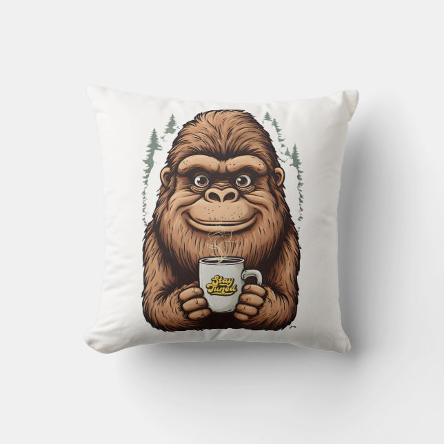 Almofada Bigfoot Fofo Bebendo Café Sasquatch Divertido  (Frente)