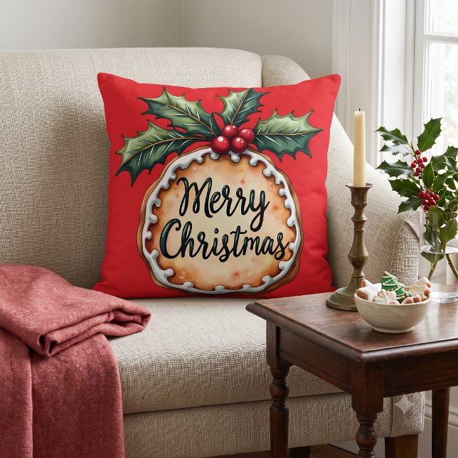 Almofada Biscoito de Natal com Frutas Vermelhas de Azevinho (Merry Christmas Cookie with Holly Berries Red Throw Pillow)