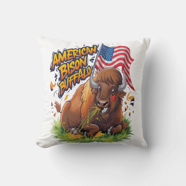 Almofada Bison com bandeira dos EUA em Grass (Frente)